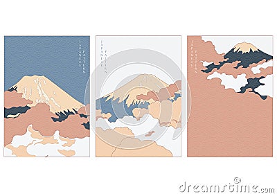 Fuji mountain background with Art landscape poster design vector. Natural forest template with cloud elements. Vector Illustration