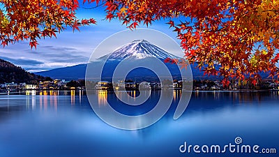 Fuji mountain and Kawaguchiko lake in morning, Autumn seasons Fuji mountain at yamanachi in Japan Stock Photo