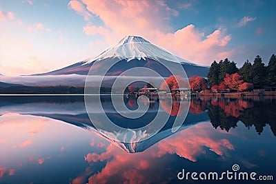 Fuji Mountain and Lake Kawaguchiko at sunrise, Japan. Beautiful scenic landscape of mountain Fuji or Fujisan with reflection on Stock Photo
