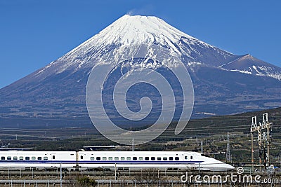 Fuji Mountain and Shinkansen Bullet Train Stock Photo