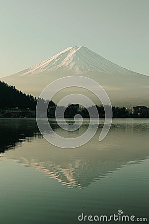 Fuji mountain view and Kawaguchiko lake in morning sunrise, winter seasons at yamanachi, Japan. Landscape with skyline reflection Stock Photo