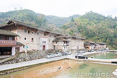 Taxia Village at Tianloukeng Tulou Scenic Spots in Fujian Tulou (Nanjing) Scenic Area in Nanjing, Fujian, China. Editorial Stock Photo