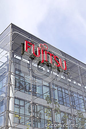 Fujitsu company logo on headquarters building Editorial Stock Photo