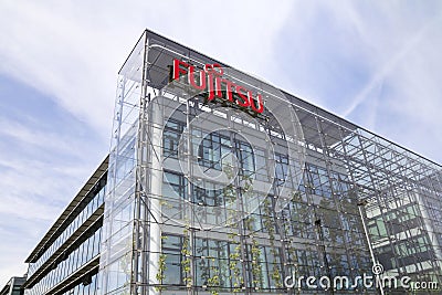 Fujitsu company logo on headquarters building Editorial Stock Photo