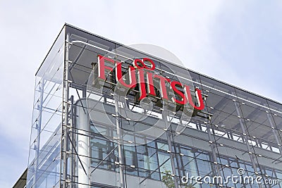 Fujitsu company logo on headquarters building Editorial Stock Photo