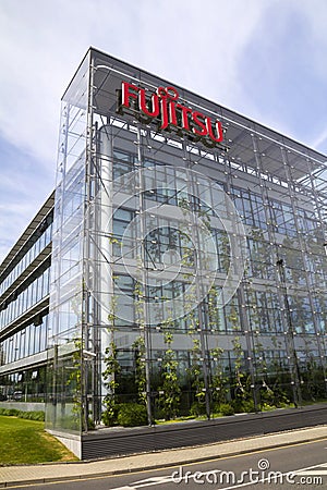 Fujitsu company logo on headquarters building Editorial Stock Photo