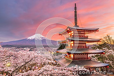 Fujiyoshida, Japan view of Mt. Fuji and Pagoda Stock Photo