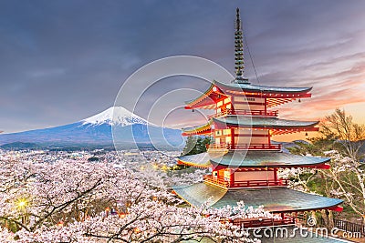 Fujiyoshida, Japan view of Mt. Fuji and pagoda in spring season with cherry blossoms Editorial Stock Photo