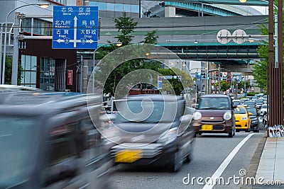 Cars stuck in traffic on the streets of Fukuoka, Japan on the evening Editorial Stock Photo