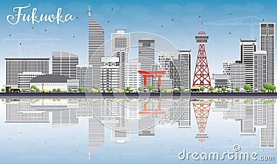 Fukuoka Skyline with Gray Landmarks, Blue Sky and Reflections. Stock Photo