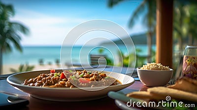 Ful Medames On A Wooden Table Backdrop Of The Bergue Thailand Cafe. Generative AI Stock Photo