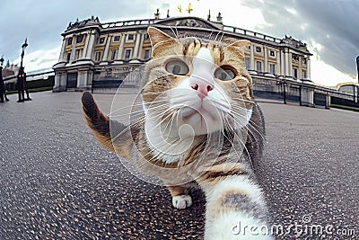 Fulfill your travel dreams and capture the moment with a selfie at the iconic Buckingham Palace. Let this curious cat Stock Photo