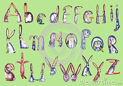 Full alphabet hares on green Cartoon Illustration