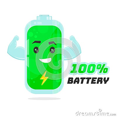 Full 100% battery character design. Vector flat cartoon illustration. Energy power concept Vector Illustration