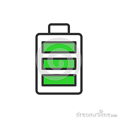 Full battery, in line design, green. Full, Battery, Charge, Power, Energy, Level, Indicator on white background vector Vector Illustration