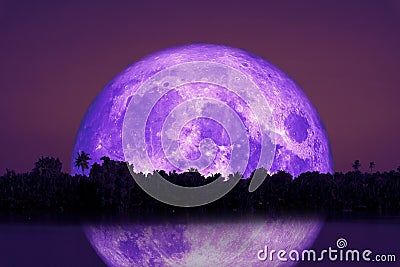 full Beaver Moon back on silhouette tree and reflection on river and night sky Stock Photo