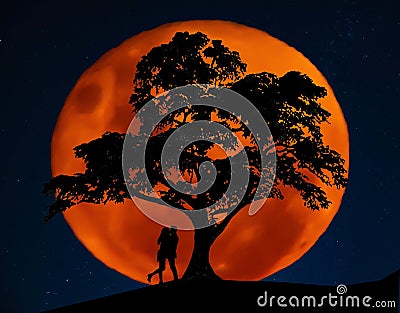 Full blood moon with southern cross stars in background as silhouette of a couple kissing under the Lebanese cedar tree Stock Photo