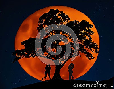 Full blood moon with southern cross stars in background as silhouette of a couple kissing under the Lebanese cedar tree Stock Photo