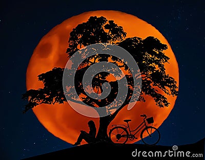 Full blood moon with southern cross stars in background as silhouette of a woman reading under the Lebanese cedar tree Stock Photo