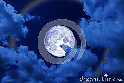 full blue moon halo, moon and colorful ray back night cloud Stock Photo