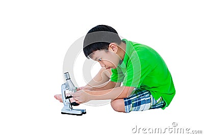 Full body of asian child with a microscope biological preparations. Science education. Stock Photo