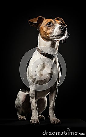 Full body close up studio portrait Jack Russell dog isolated on black background Stock Photo