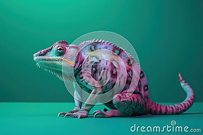 Full Body Eye-Catching Chameleon Reptile on a Greenish Colored Background Stock Photo