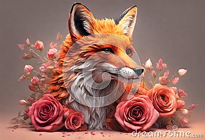 Rose Flower Fox: Full Body Illustration at Sunset ox Stock Photo