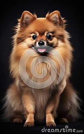 Full body front view studio portrait beautiful fluffy red german spitz sitting and looking in camera isolated on black Stock Photo