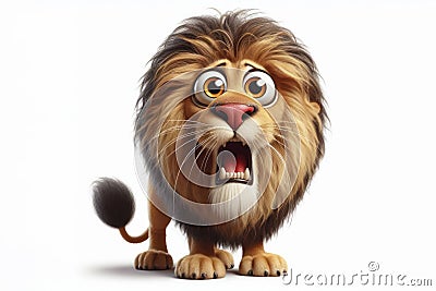 full body Funny Portrait of surprised Lion with bulging big eyes on solid white background. ai generative Stock Photo