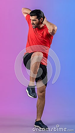 Full body length gaiety shot athletic sporty man with warmup posture Stock Photo