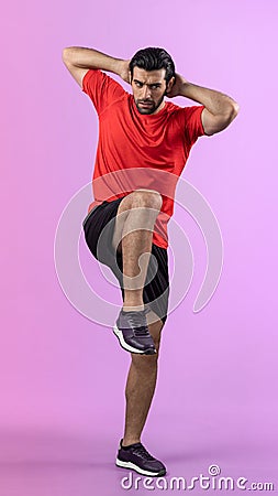 Full body length gaiety shot athletic sporty man with warmup posture Stock Photo