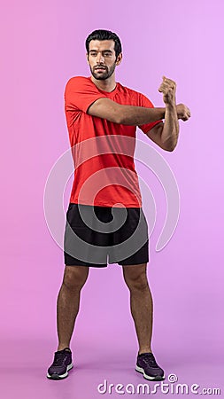 Full body length gaiety shot athletic sporty man with warmup posture Stock Photo