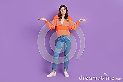Full body length photo of young funny unsure no idea woman wearing stylish outfit shrug shoulders dont know isolated on Stock Photo
