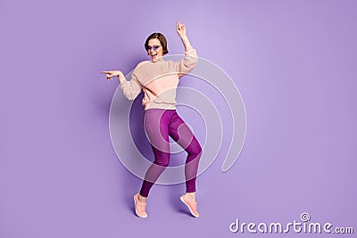 Full body photo of crazy cheerful girl dance discotheque feel crazy like real party maker wear modern good looking Stock Photo