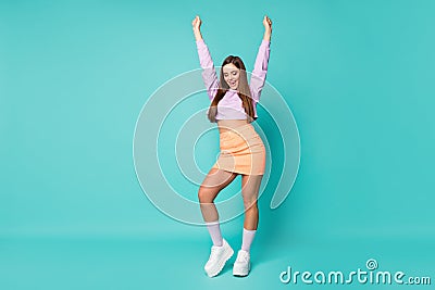 Full body photo of funky cool crazy lady raise arms up party dance youth movement wear purple cropped sweater naked Stock Photo