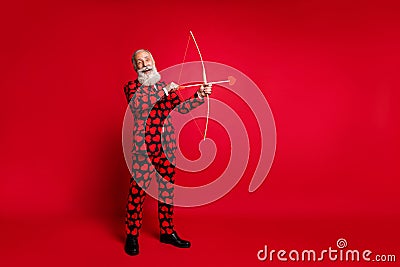 Full body photo of funny cupid mature handsome guy valentine day bow arrow shooting loving couple feelings wear hearts Stock Photo