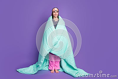 Full body photo of positive girl cover close fresh duvet dotted pink pajama look copyspace wear pants trousers barefoot Stock Photo