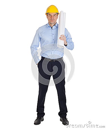 Full body portrait of architect holding blueprints. Stock Photo