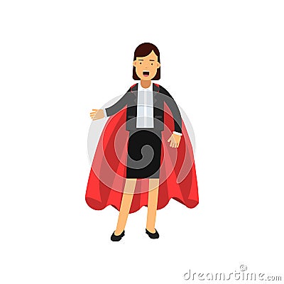 Full body portrait of business woman with red superhero cape. Successful lady in classic skirt suit. Cartoon female Vector Illustration