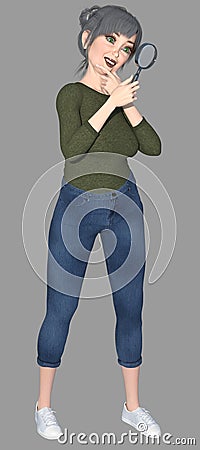 Full body portrait of a happy beautiful older gray-haired cartoon woman looking through a magnifying glass on an isolated Cartoon Illustration