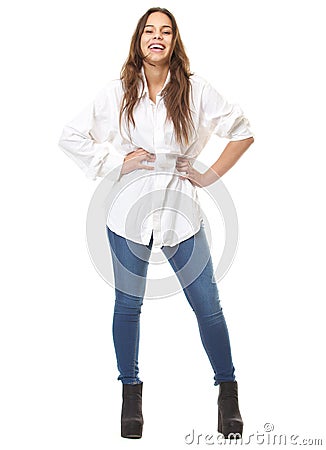 Full body portrait of a happy woman laughing Stock Photo