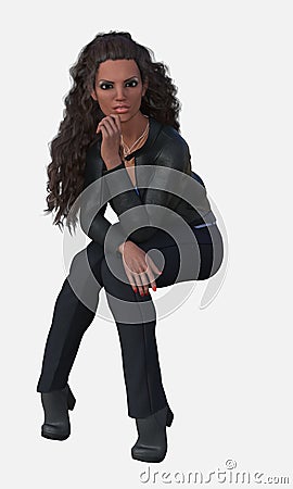 Full body portrait of Kiara, a dark-haired beautiful young woman walking on an isolated white background Stock Photo