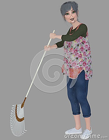Full body portrait of an older beautiful gray-haired cartoon gardener woman raking on an isolated background Cartoon Illustration