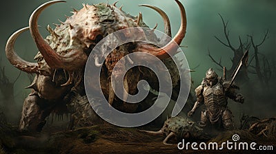 Powerful Giant Warrior Battling Monstrous Creatures In Stunning Brushwork Style Stock Photo