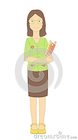 Full body portrait of a standing clever young girl beginner school teacher wearing glasses and holding a pile of books Cartoon Illustration