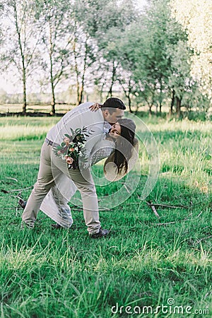 Full body profile photo of two stylish trendy fancy people couple guy and lady slow dance bending back holding hands Stock Photo