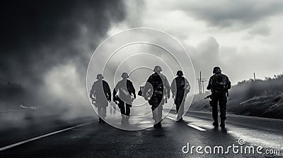 Full body squad of Spanish police officers in protective gears with guns wearing medical masks during patrolling street Stock Photo