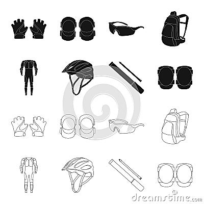 Full-body suit for the rider, helmet, pump with a hose, knee protectors.Cyclist outfit set collection icons in black Vector Illustration