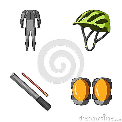 Full-body suit for the rider, helmet, pump with a hose, knee protectors.Cyclist outfit set collection icons in cartoon Vector Illustration
